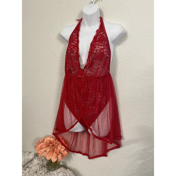 Dreamgirl Plus Sz Sheered Hot Red Trimmed Laced Meshed Garter Babydoll OS QUEEN - Picture 1 of 8